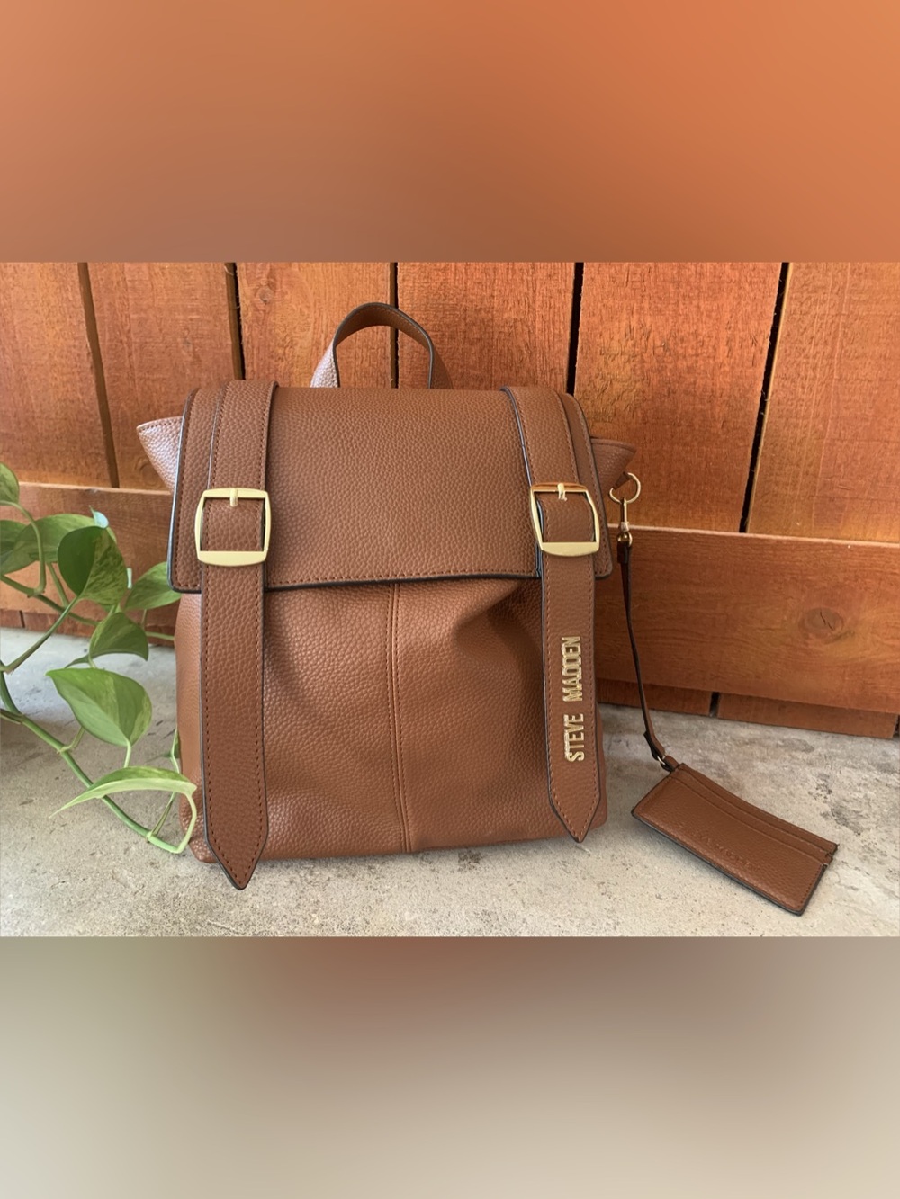 Steve Madden Brown Leather Backpack with Wristlet Wallet